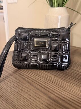 Nine West Glossy Black Quilted Patent Wristlet